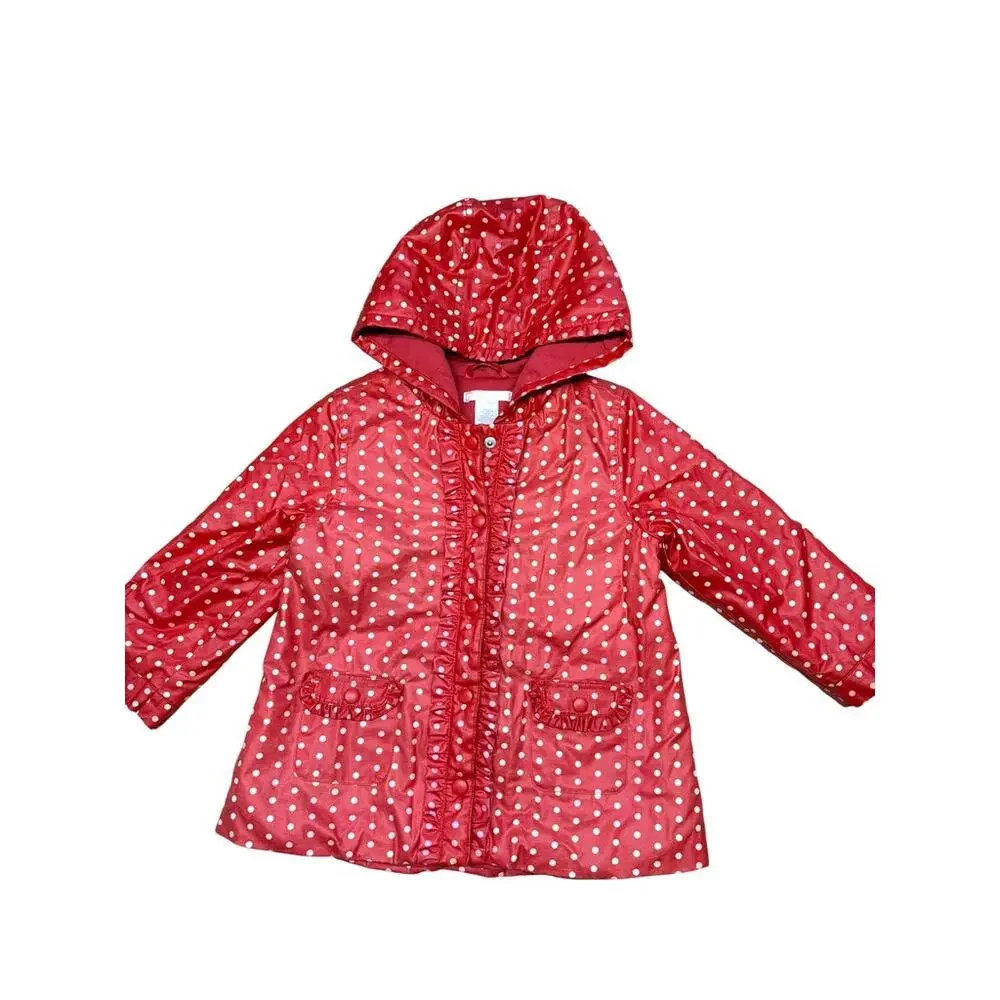Janie and Jack Red White Polka Dot Ruffle Trim Lined Raincoat w Hood Size 2-3T